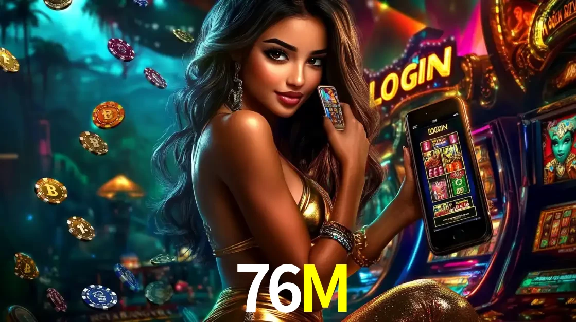 Mulher em um cenário de cassino temático de aventura, mostrando o app de caça-níqueis da 76M no celular. Fichas de apostas flutuam ao redor.