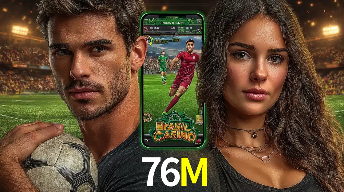 Homem segurando uma bola de futebol e uma mulher ao lado de um smartphone exibindo o jogo de apostas esportivas da 76M. Faça seu palpite no cassino online.